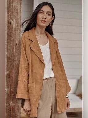 Pure J Jill Blazer Jacket Large Petite Gauze Cotton Open Front Rustic Boho Lage